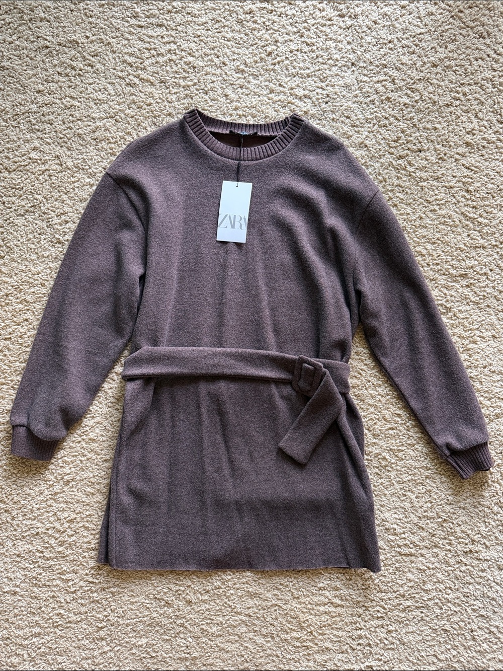 Zara Mauve-Brown Crew Neck Belted Knit Sweater Dress
